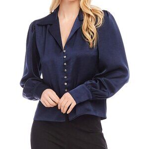 Karen Kane Regal Girl Shirred Satin Blouse - Navy | NWT | Size S